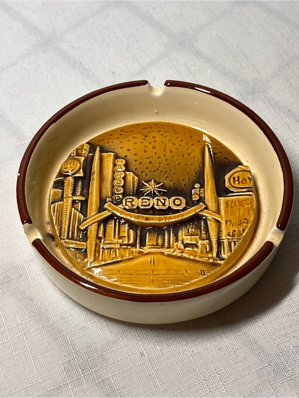 Vintage Reno Scenic Embossed Ceramic Ashtray - Brown and Cream